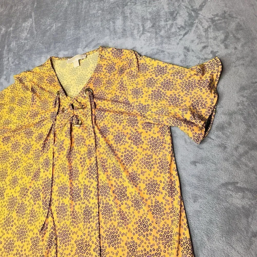 Michael Kors Sz M Floral Tie Flare Sleeve Popover Tunic Blouse Shirt Gold HW